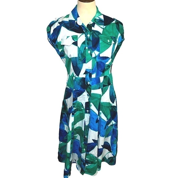 Jones New York Fit Flare Midi Dress Sz 4 Blue Green White Tropical Button Front - Picture 1 of 11